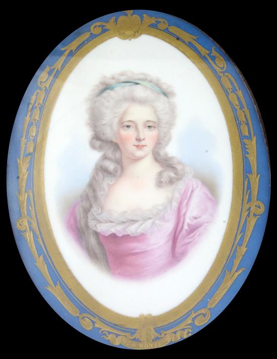 A pair of Sevres style porcelain portrait plaques, late 19th century, height 29cm excl. velvet mounts and gilt frames, overall height 4